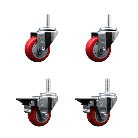 Service Caster 3 Inch Red Polyurethane Wheel Swivel 34 Inch Threaded Stem Caster Set 2 Brakes SCC SCC-TS20S314-PPUB-RED-34212-2-PLB-2